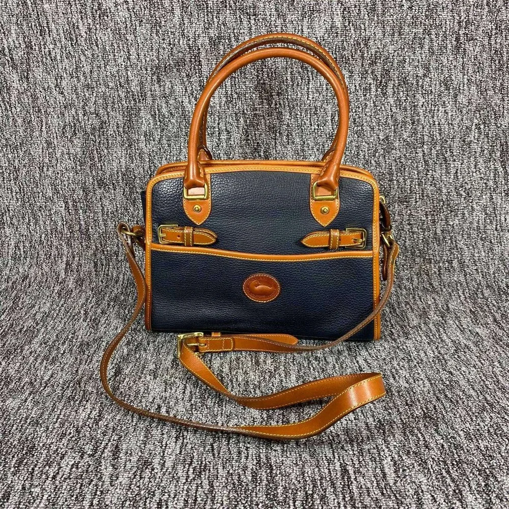 Vtg Dooney Bourke All Weather Leather Cavalry Satchel Bag Navy British Tan Purse